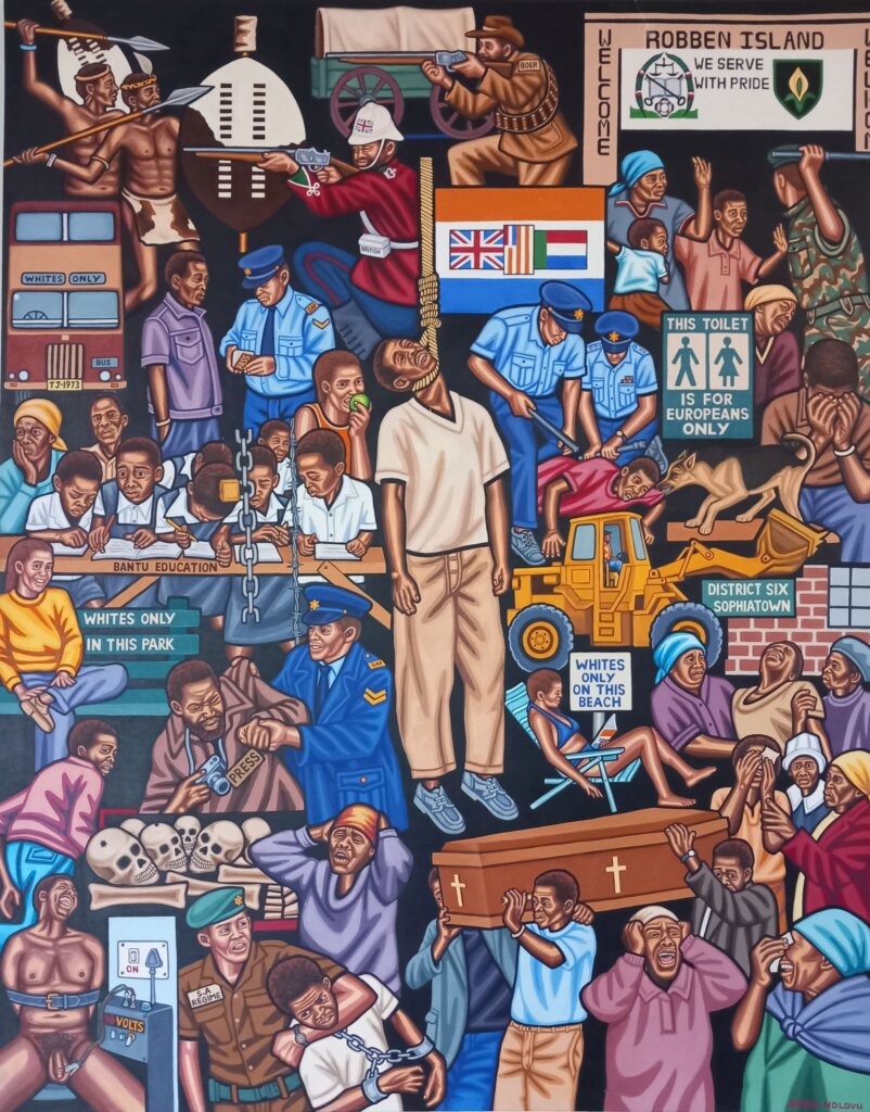 This image shows an artwork depicting the black struggle against apartheid