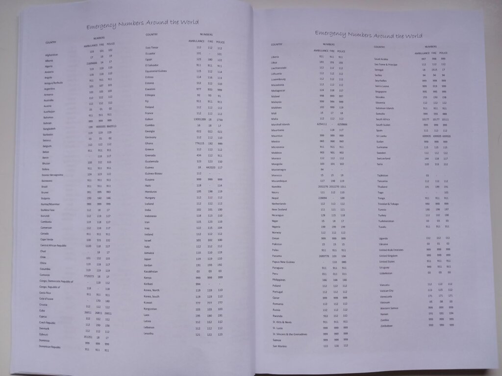 This photo shows the emergency numbers page of the 2025 travel diary