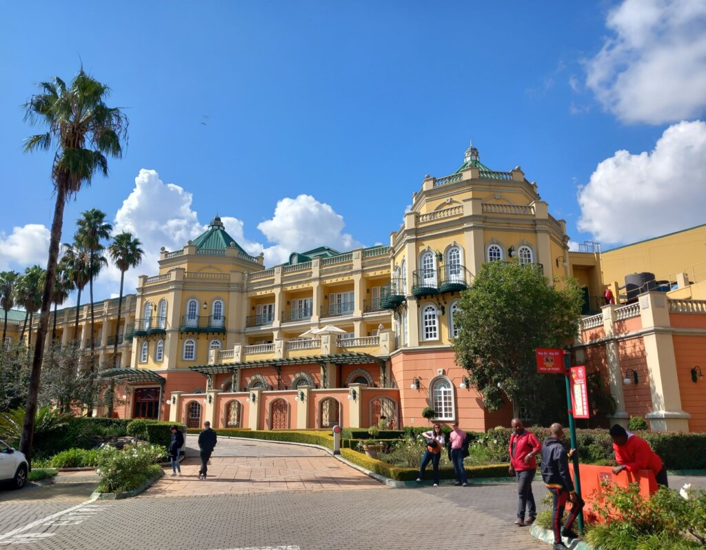 This image shows the exterior of the main entrance building to Gold Reef City