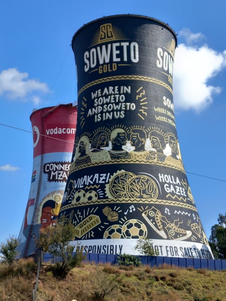 This image shows Orlando Towers - two disused cooling towers now painted to mark the entry to Soweto