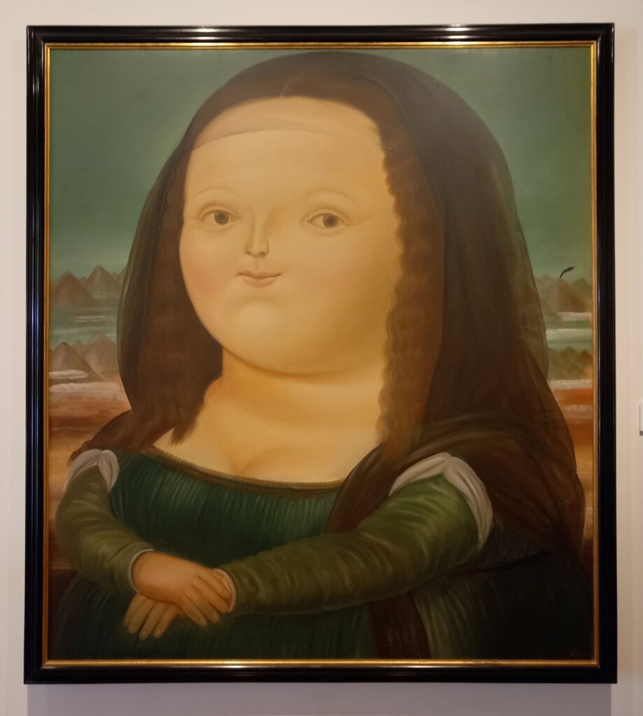 This image shows a painting of a young Mona Lisa depicted with a very large head