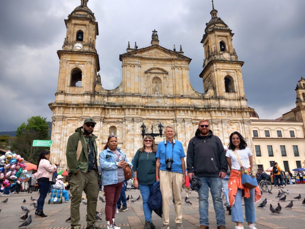 This image shows Mark and I with our fellow travellers and our guide, Gina, standing in front of the cathedral in Plaza de Bolivar